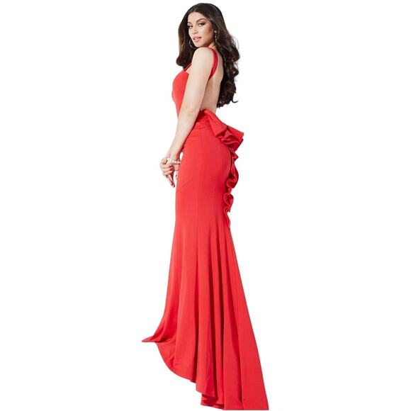 Jovani Style 21899 Fitted Jersey Halter Neck Ruffle Open Back Gown Red 2 ASIS - Picture 1 of 13